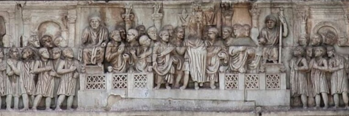 Sculpted frieze on the Arch of Constantine depicting the emperor addressing the army and showing the Rostra.