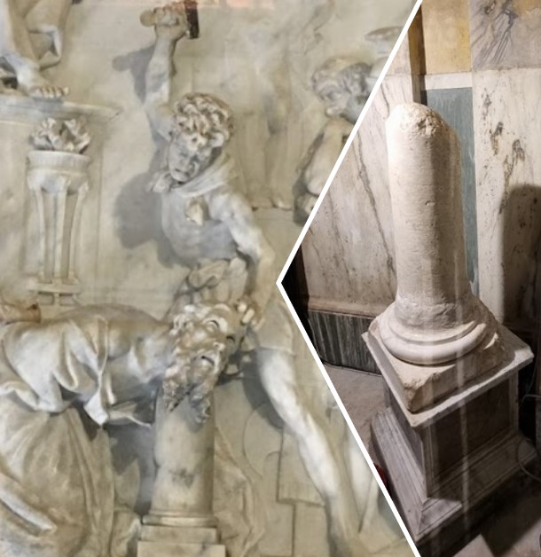 Bas-relief inside the Church of San Paolo alle Tre Fontane depicting the beheading of the apostle, located behind the niche of the central spring, on the apse wall. The white marble column which tradition holds Saint Paul was tied to for his martyrdom, located in the right-hand corner of the Church.