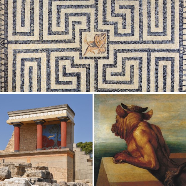1) Mosaic from the Domus del Labirinto in Calvatore (Cremona, Italy), now housed at the Museo Platina in Piadena. It depicts the labyrinth of the Minotaur. The Minotaur's labyrinth symbolizes mankind's journey through earthly struggles, from life to death, while the center of the maze is a sacred space representing rebirth and human knowledge.2) The Palace of Knossos.3) An oil painting by George Frederic Watts portraying the Minotaur, 1885 – Ta