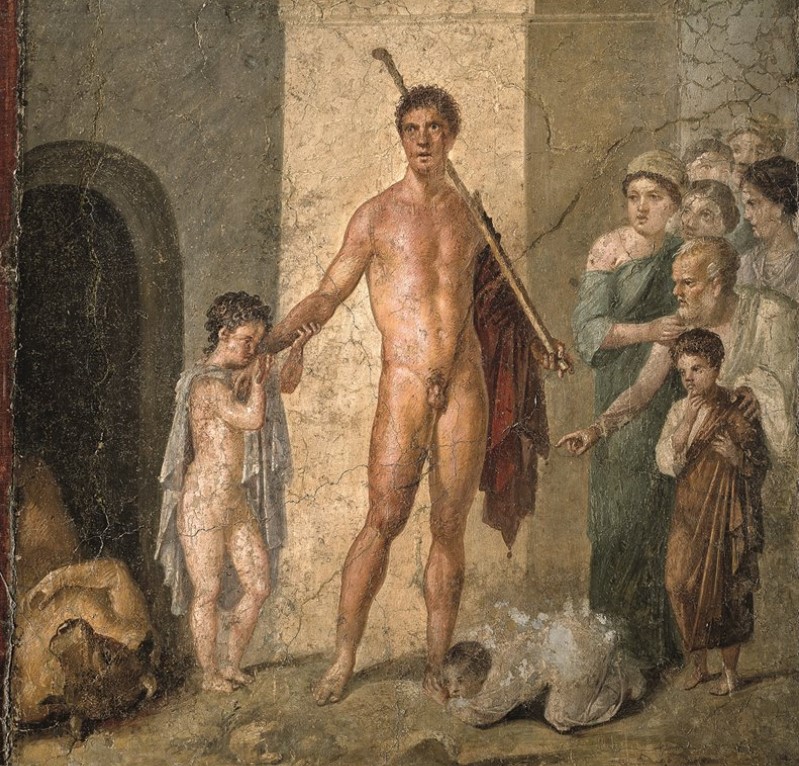 In this Pompeian fresco, one of the young freed Athenians expresses his gratitude to Theseus, who stands at the center of the scene. The Minotaur lies dead in a corner. National Archaeological Museum, Naples. The battle between Theseus and the Minotaur symbolizes the eternal struggle between good and evil.