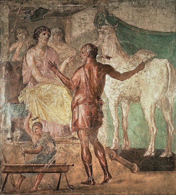 Fresco discovered in the House of the Vettii in Pompeii, depicting Daedalus showing Queen Pasiphaë the wooden cow that would allow her to unite with Poseidon’s beautiful bull—the object of her desire.