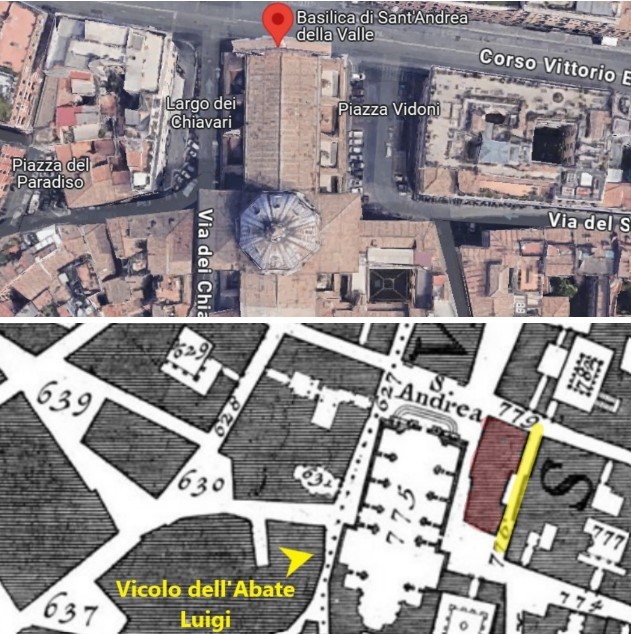 Nolli Map (1748) with Abbot Luigi Alley highlighted (yellow) and the demolished area (red).