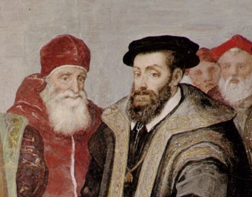 Pope Paul III and Emperor Charles V. Detail from The Truce of Nice by Taddeo Zuccari, 1535-1538, Palazzo Farnese in Caprarola.
