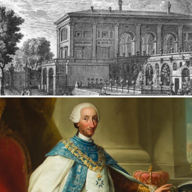 Engraving by Giuseppe Vasi of Villa Madama in Rome in 1761 and Carlos III con el hábito de su Orden (1771) by Mariano Salvador Maella, 1783 - 1784, Royal Palace of Madrid