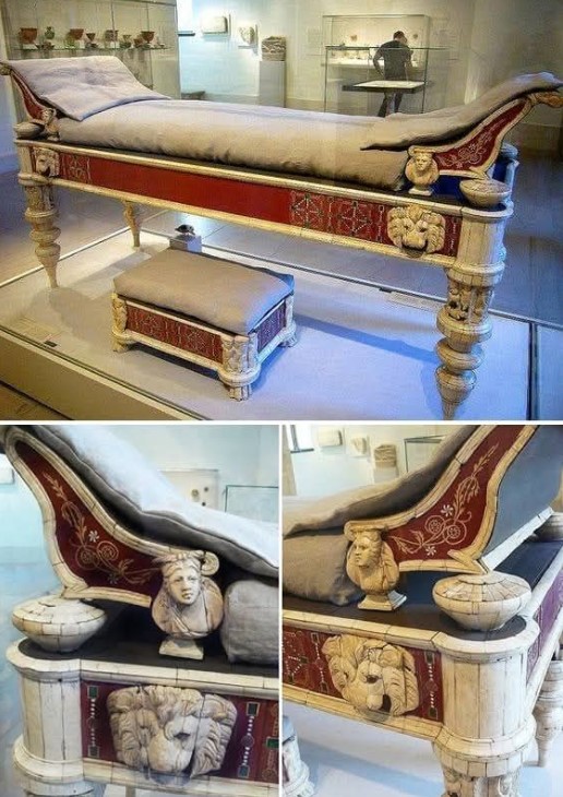 Couch and footstool with bone carvings and glass inlays (2nd century CE) from the imperial villa of Lucius Verus (co-emperor, A.D. 161–169), on the Via Cassia outside Rome. - The MET Museum
