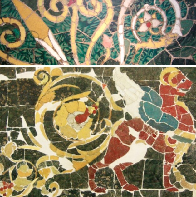 Fragments of colored vitreous paste plaques and marble inlays.