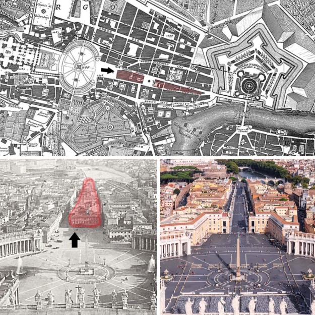 Highlighted in red: the 'Spina di Borgo' in the early 1900s, demolished in the 1930s. The black arrow marks the original location of Palazzo Accoramboni, which was torn down and rebuilt further along Via della Conciliazione. In the background, Castel Sant'Angelo can be seen.